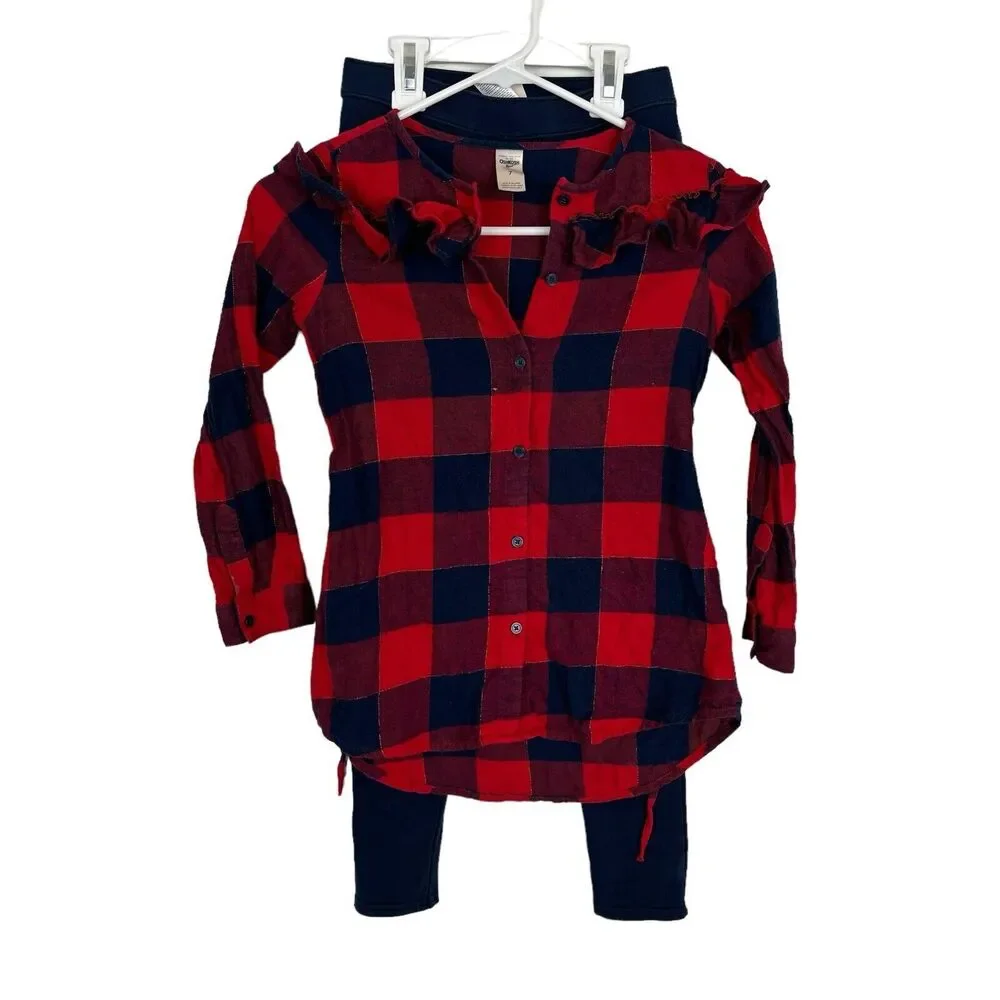 Oshkosh B'gosh Navy Red Plaid Button Down Belted Tunic and Leggings Girls 7